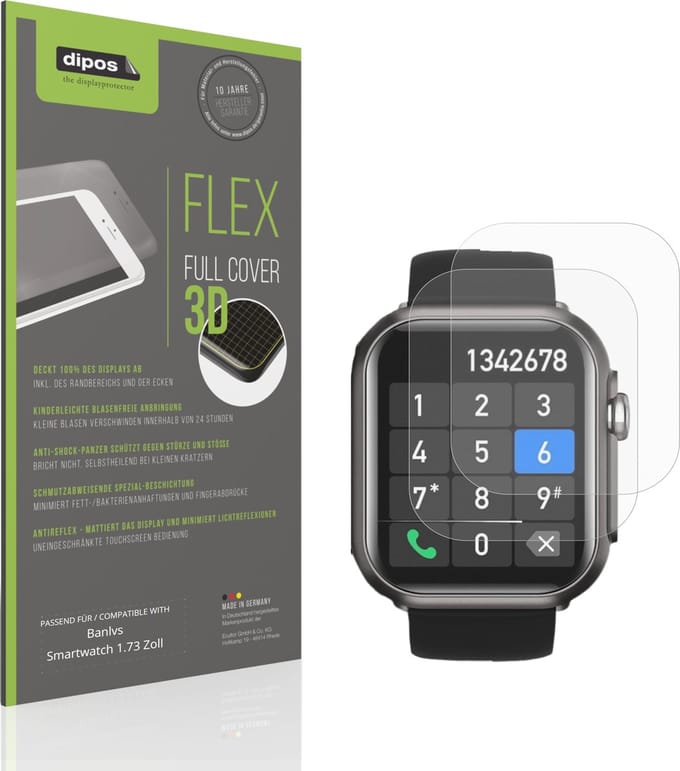 dipos FLEX – 2x Matte Screenprotector geschikt voor Banlvs Smartwatch 1.73 Zoll | Volledige Schermbescherming | Case-Friendly