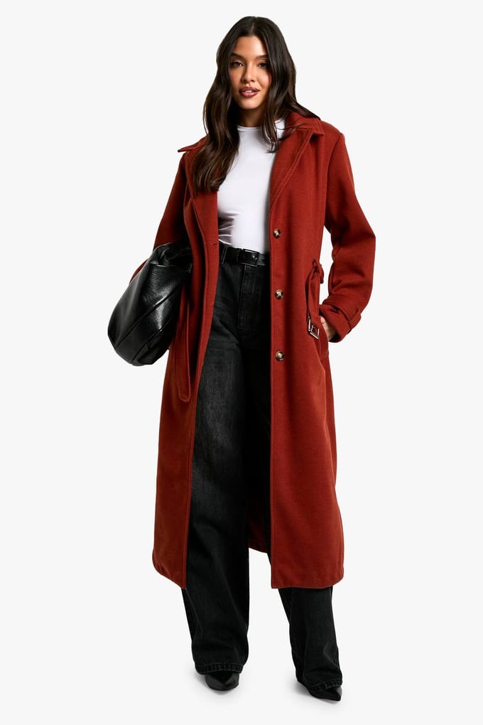 boohoo Dames Maxi Jas met Ceintuur in Wolachtige Look | Rust | Maat: 8