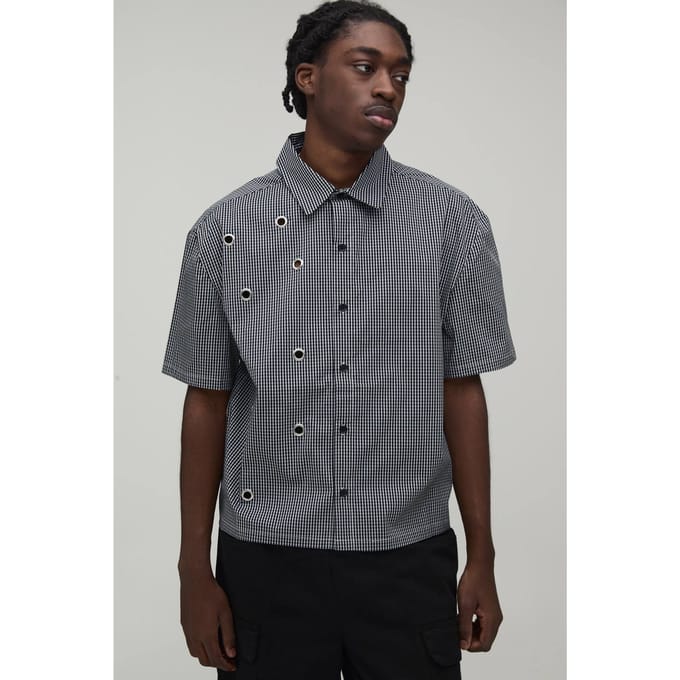 Oversized Boxy Shirt Met Oogjesdetail En Micro Ruitpatroon | Black | Size Medium