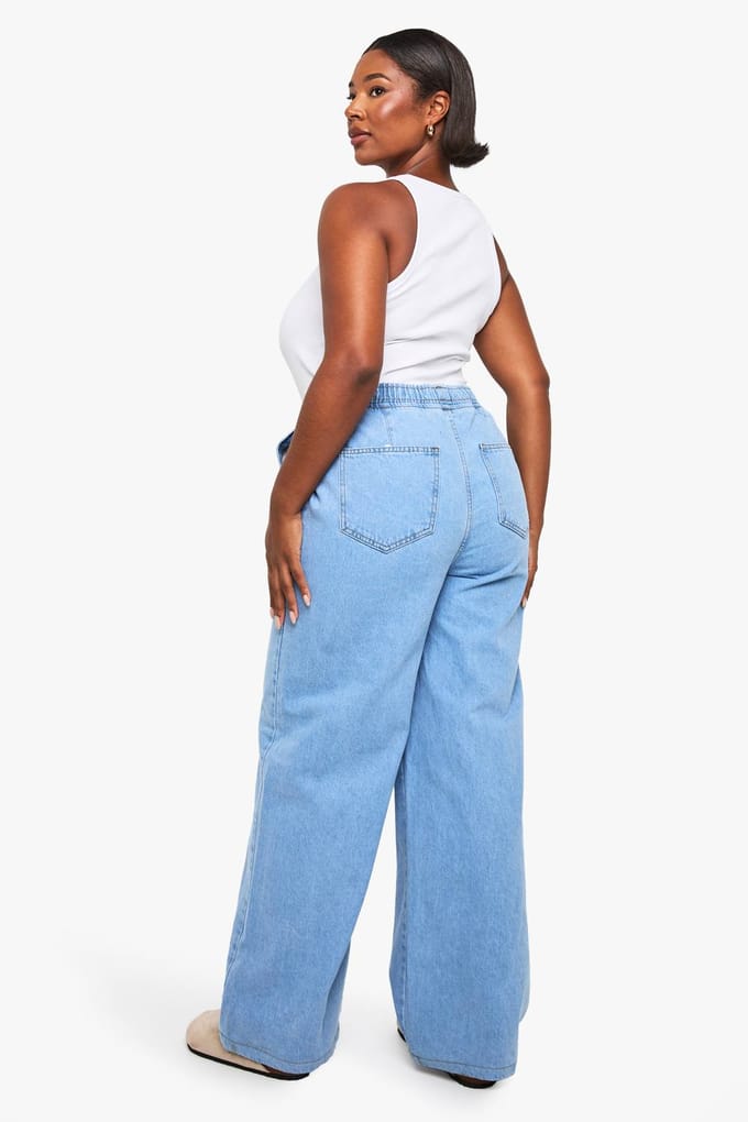 boohoo Dames Plus Elastische Taille Wijde Pijpen Jeans | Light Blue | Maat: 28