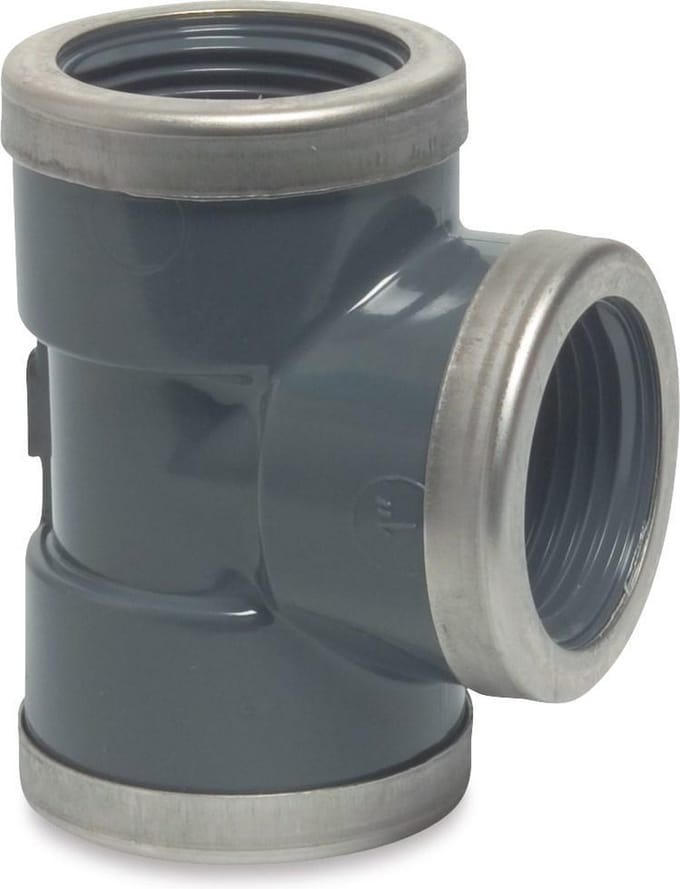 Mega T-stuk 90° PVC-U 1 1/4" binnendraad 16bar grijs type versterkt