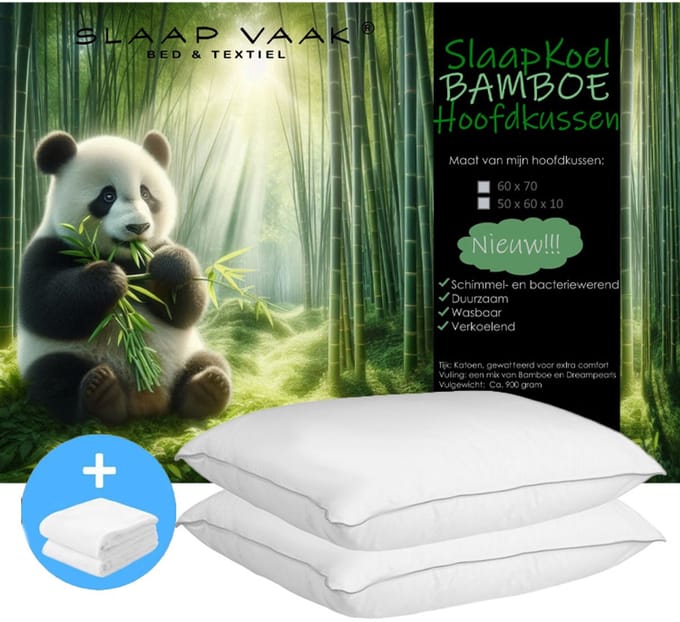SlaapVaak SlaapKoel Bamboe Hoofdkussen Set(2 Hoofdkussens + 2 Moltonslopen) - 60x70 cm - Wit