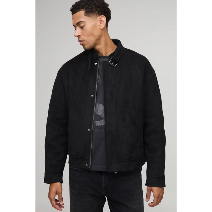 Regular Fit Faux Suede Buckle Collar Biker Jacket | Black | Size Small