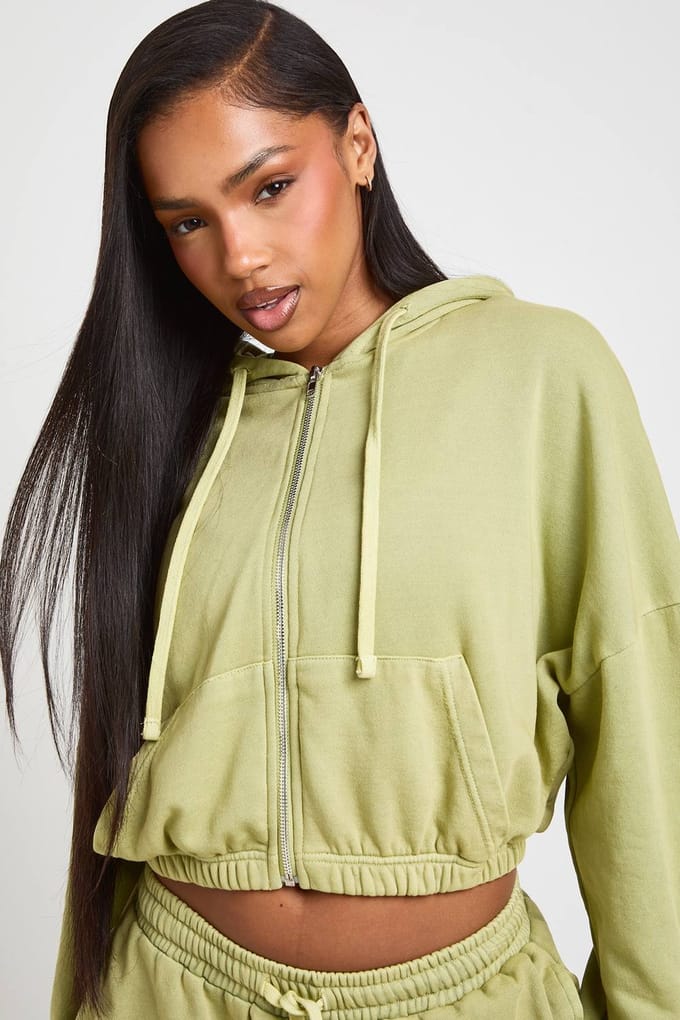 boohoo Dames Gewassen Loopback Hoodie Met Rits En Elastische Zoom | Pistache | Maat: Small