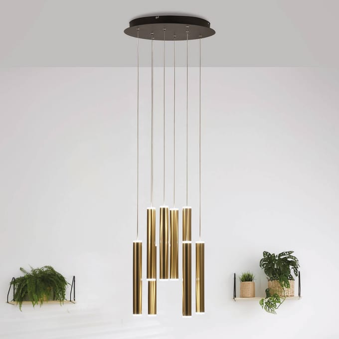 Fabas Luce Hanglamp Prado, goud, 8-lamps, Ø 40 cm, dimbaar