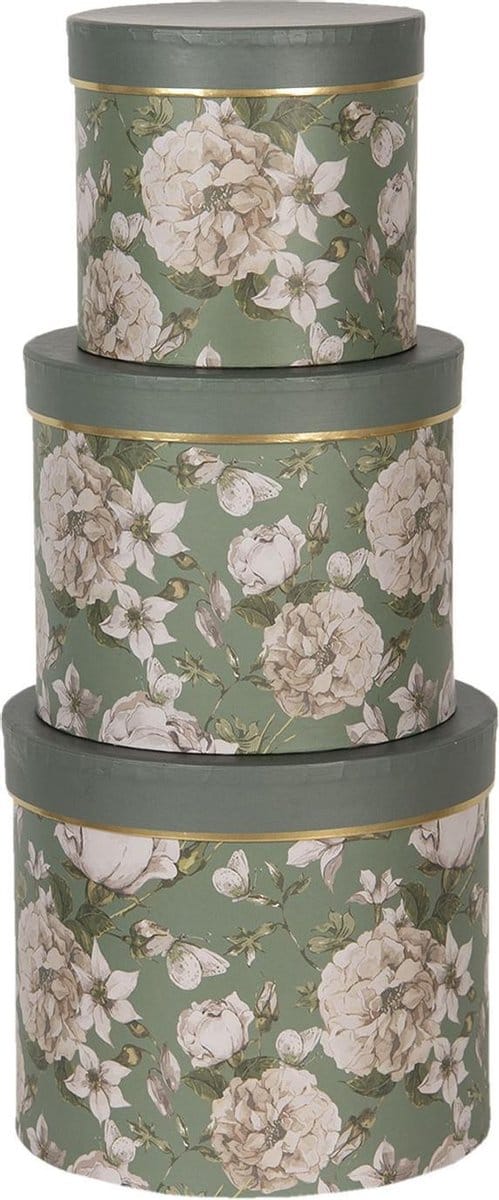 Clayre & Eef Hoedendoos Set van 3 Ø 20x17 / Ø 17x15 / Ø 14x13 cm Groen Karton Bloemen