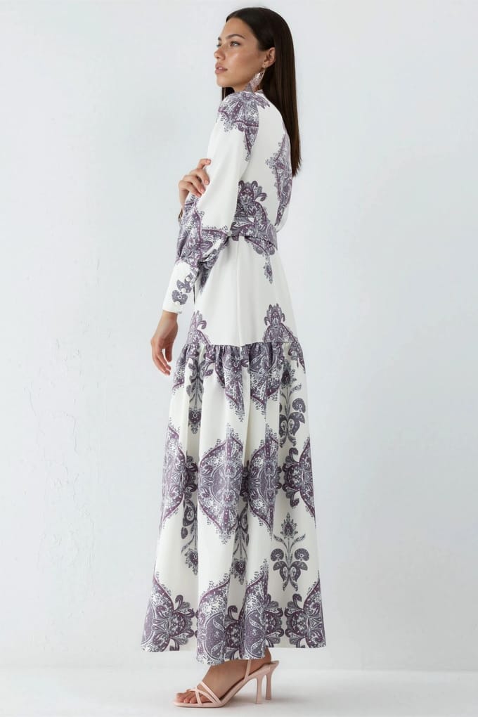 Paisley-print maxi-jurk met riem en overhemdkraag