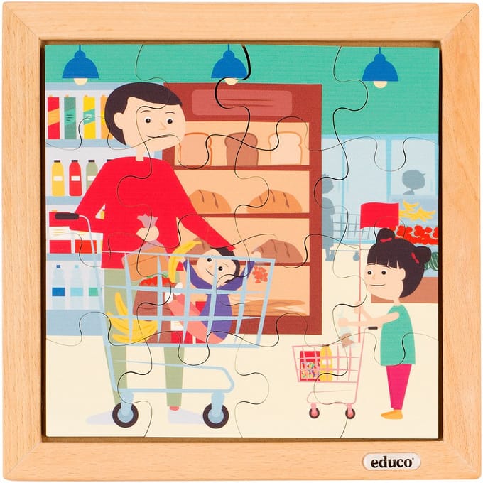 Peuter puzzel 16 stukjes - in de supermarkt - Educo - Educatief speelgoed
