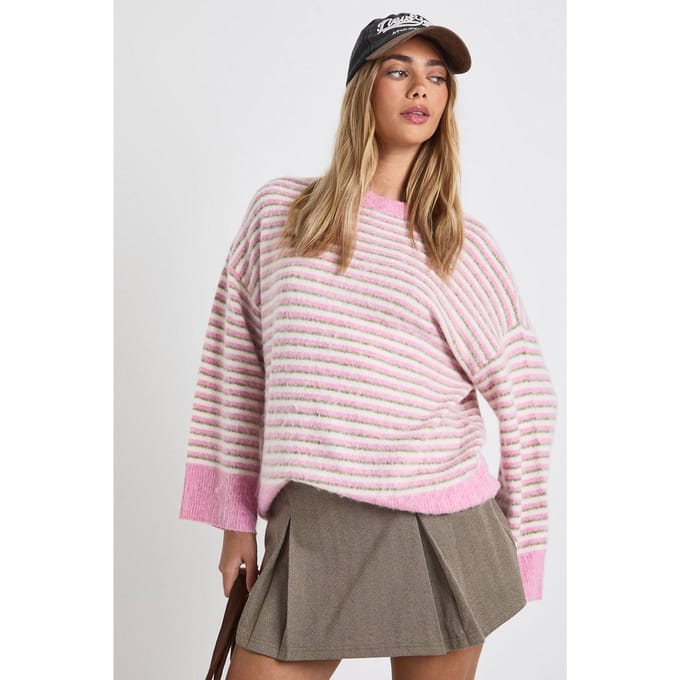 boohoo Dames Superzachte dun gestreepte oversized gebreide trui | Pink | Maat: Medium
