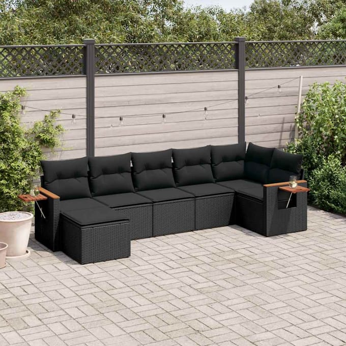 vidaXL - 7-delige - Loungeset - met - kussens - poly - rattan - zwart
