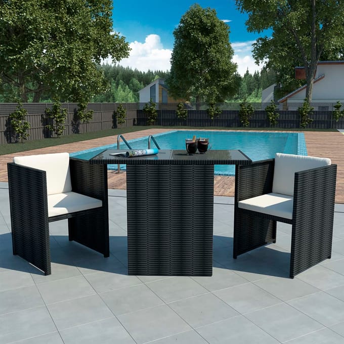 vidaXL - 3-delige - Bistroset - met - kussens - poly - rattan - zwart