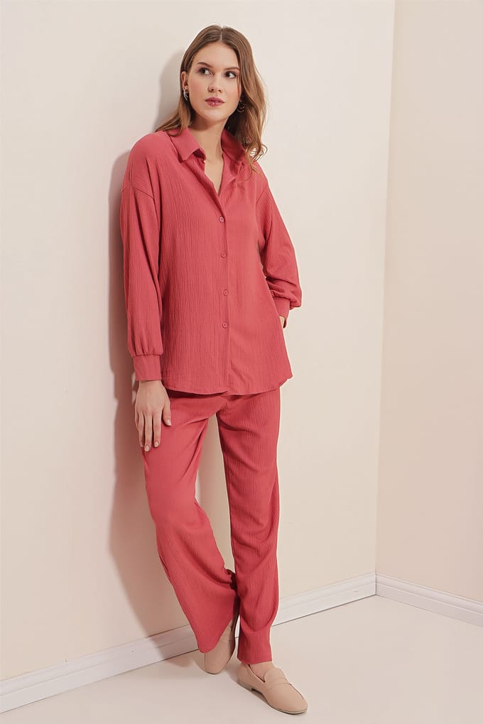Textuur Geweven Lange Mouwen Shirt & Broek Gebreide Set