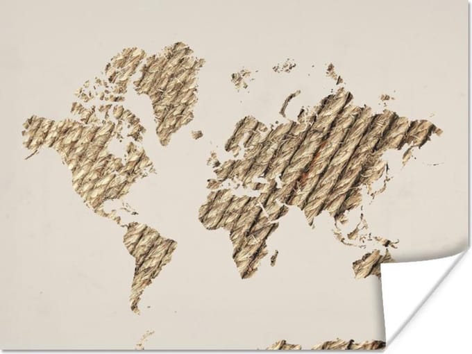 Poster - Wereldkaart - Touw - Beige - 40x30 cm