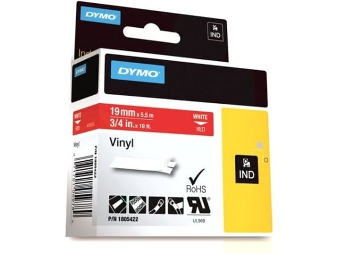 DYMO Rhino industriële Vinyl Labels | 19 mm x 5,5 m | witte afdruk op rood | zelfklevende labels voor Rhino & LabelManager labelprinters