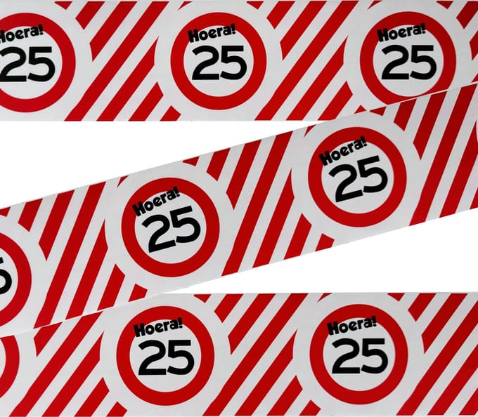 3BMT® Afzetlint - Markeerlint rood wit - 25 jaar - verjaardag - 10 meter