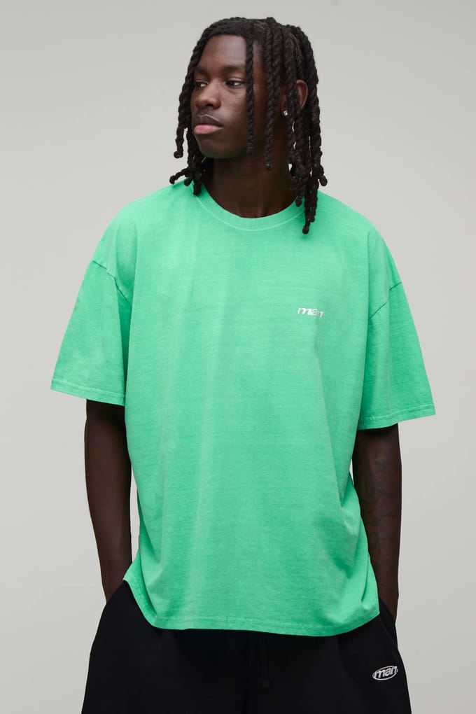 Oversized Heren Sport Geborduurd Gewassen T-shirt | Bright Green | Size Medium