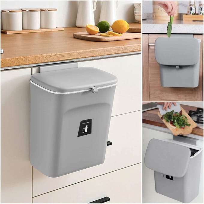 MTTproducts- Afvalemmer 9L met Deksel - Afvalbak Keuken - Afvalemmer Wand - Afvalbak Hangend - Plastic - Ruimtebesparend