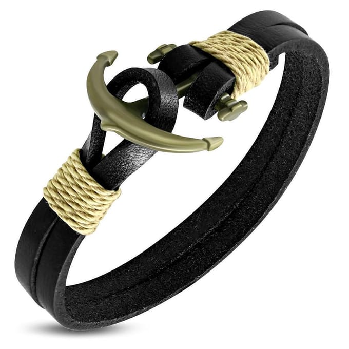 Amanto Armband Farrel Black - Leer - 316L Staal - Anker - 10mm - 21cm