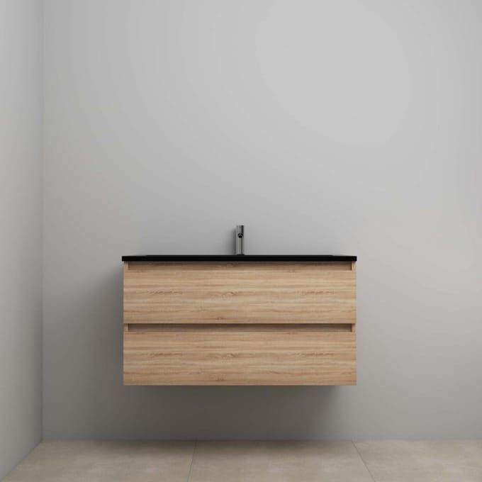 On-Line Onderkast - 100 cm - Voorgemonteerd - Ladestructuur - Acryl Wastafel - 1 Kraangat - Eiken