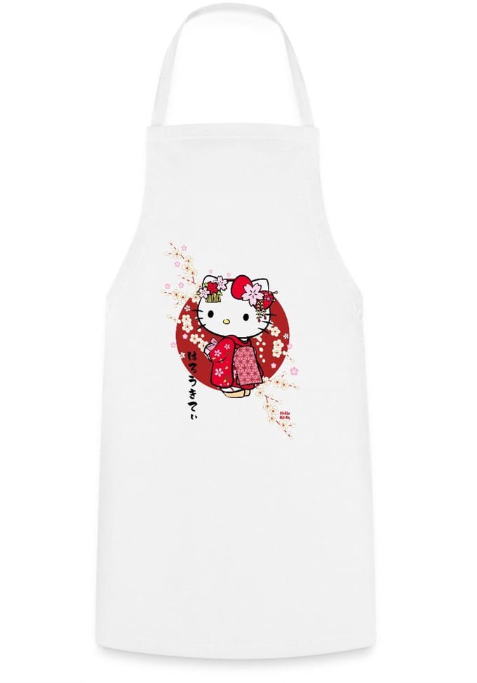 Hello Kitty In Een Rode Kimono En Kersenbloesems Keukenschort