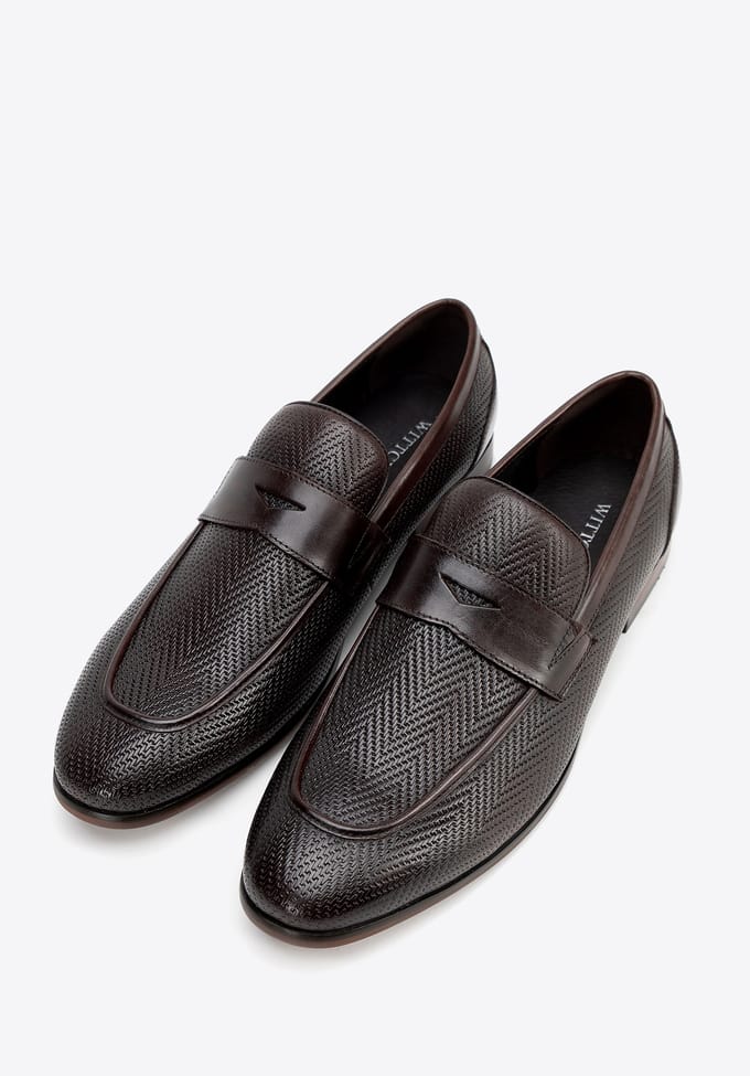 Wittchen Heren Leren Mocassins met Visgraatmotief, Donkerbruin, Natuurlijk Leer