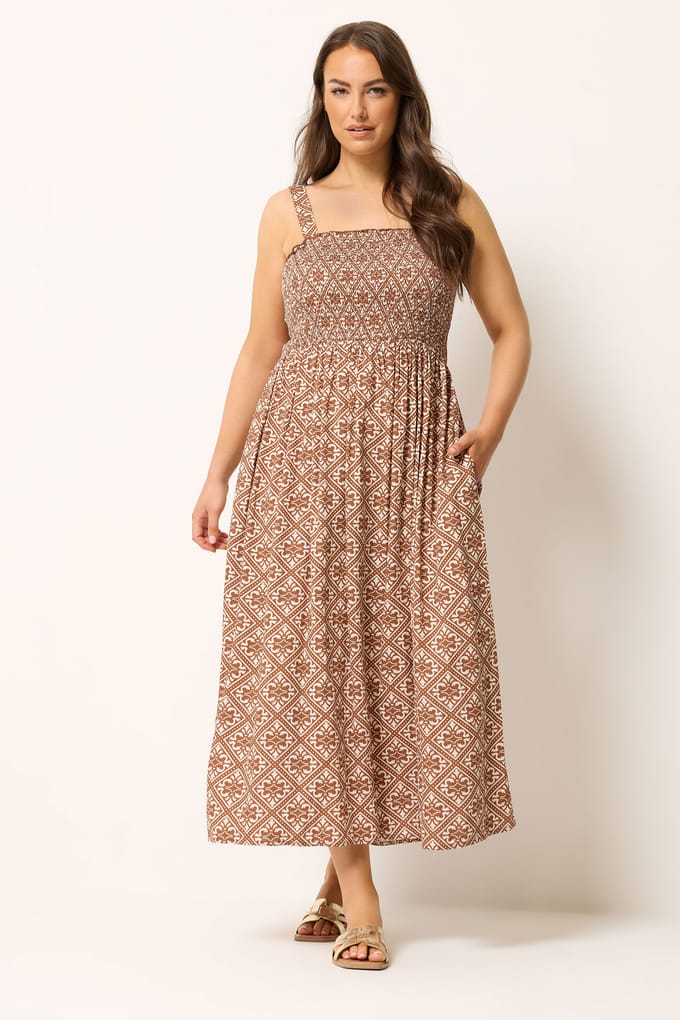 Yours Bruine Geometrische Geplooide Zomerjurk Size 50-52