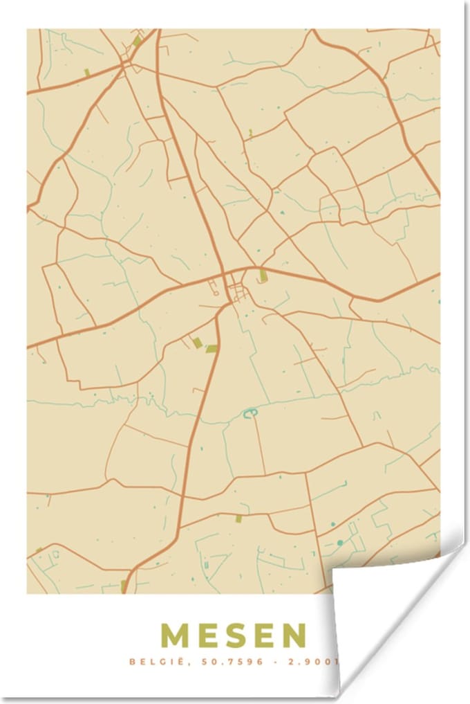 Poster Kaart - Stadskaart - Vintage - Mesen - Plattegrond - 20x30 cm