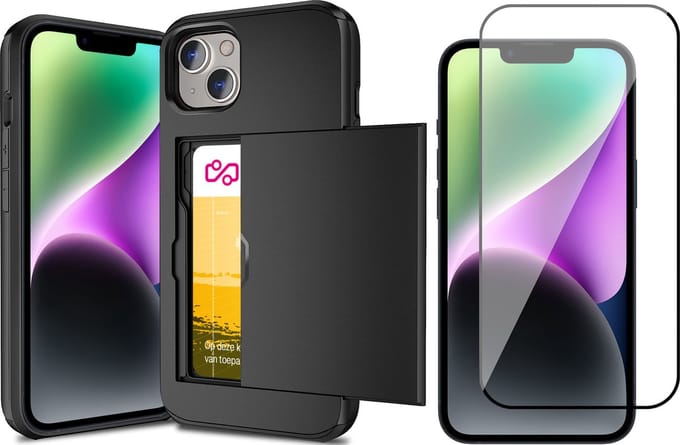 Hoesje met Pasjeshouder geschikt voor iPhone 15 Plus - Screen Protector FullGuard - Back Cover SlideCase Zwart & Screenprotector