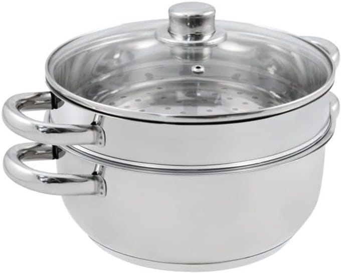 Stoompan met 2 - Kookpan stoom - Gezond koken - Snelle temperatuur - 24 cm - Zilverkleurig
