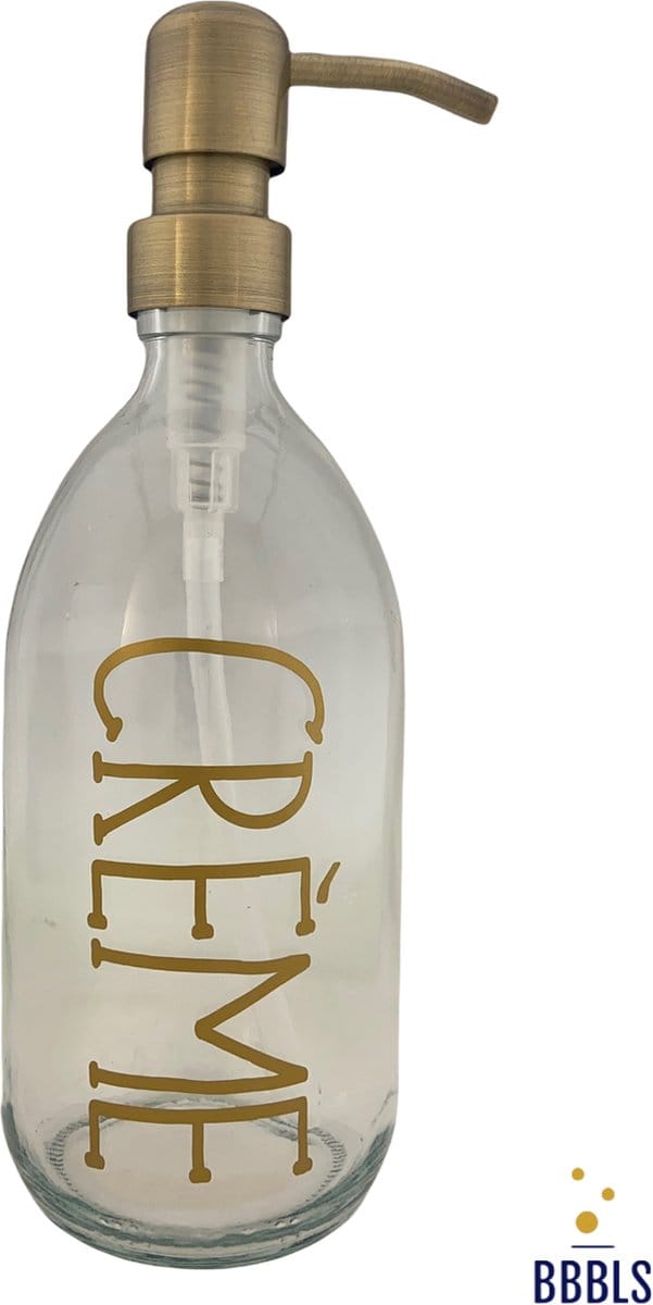 BBBLS® Design Dispenser "Creme" | Transparant Glas | 500ml | RVS / Metaal Pomp Goud | Zeeppomp | Zeepdispenser | Zeephouder