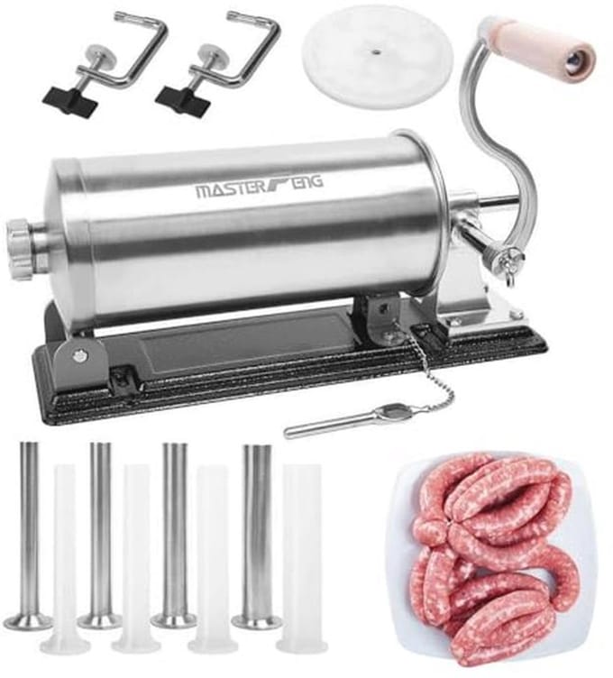 MASTER FENG Horizontale worstvuller met 8 vultrechters en 1 siliconen kolf [6,0 LBS capaciteit]