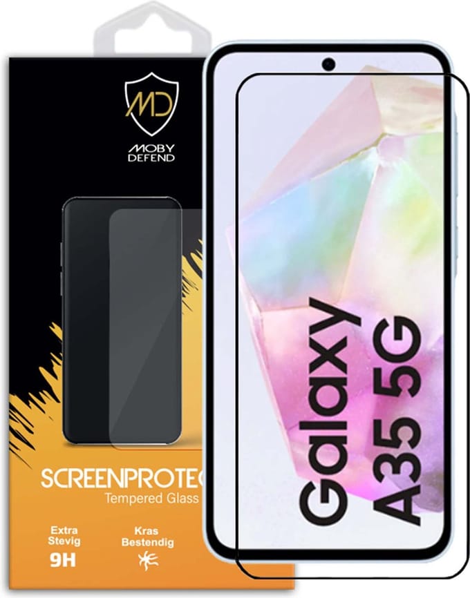 MobyDefend Screenprotector - Geschikt voor Samsung Galaxy A35 - Screensaver Met Zwarte Randen - Gehard Glas