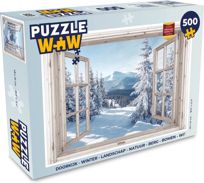 Puzzel Doorkijk - Winter - Landschap - Natuur - Berg - Bomen - Wit - Legpuzzel - Puzzel 500 stukjes