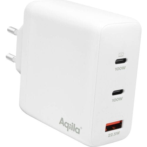 Aqiila USB oplader, 120W, USB-C Adapter, Snellader GaN, PD Power Delivery Quick Charge, PPS, 2x USB-C, 1x USB-A, 100-240V, Chargebird W4 Wit