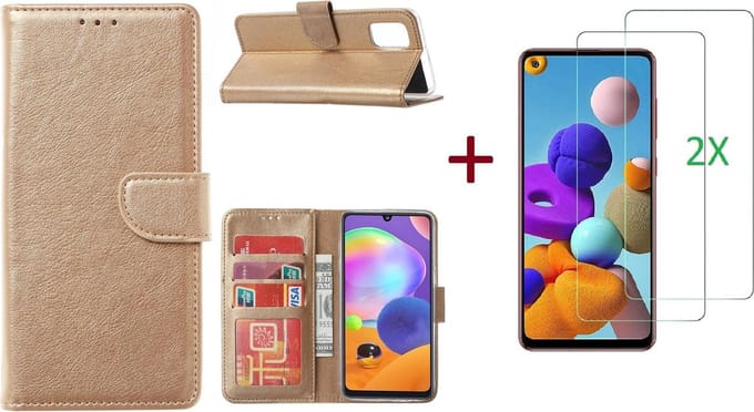Hoesje Geschikt Voor Samsung Galaxy A21S Hoesje - Goud Met 2X glas Screenprotector