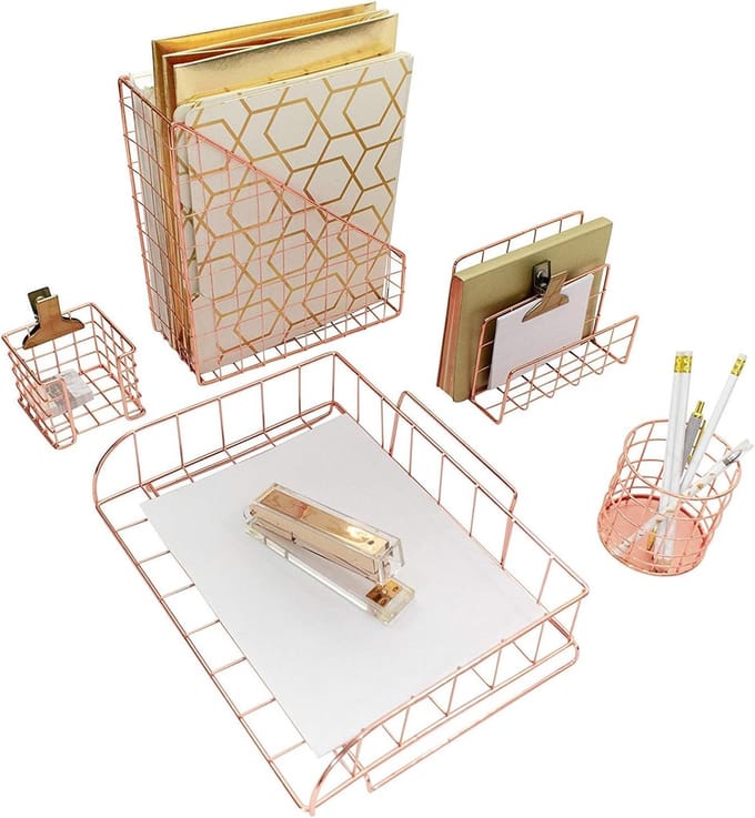 Bureau Organizer Set - Bureau Accessoires - Kantoor Organiseren - 4-Delige Set - Vierkant Metaal - Rose Goud