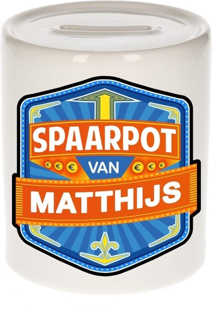 Bellatio Decorations Kinder spaarpot met naam - Matthijs - keramiek - met dop - wit - Sparen - Spaargeld van Matthijs