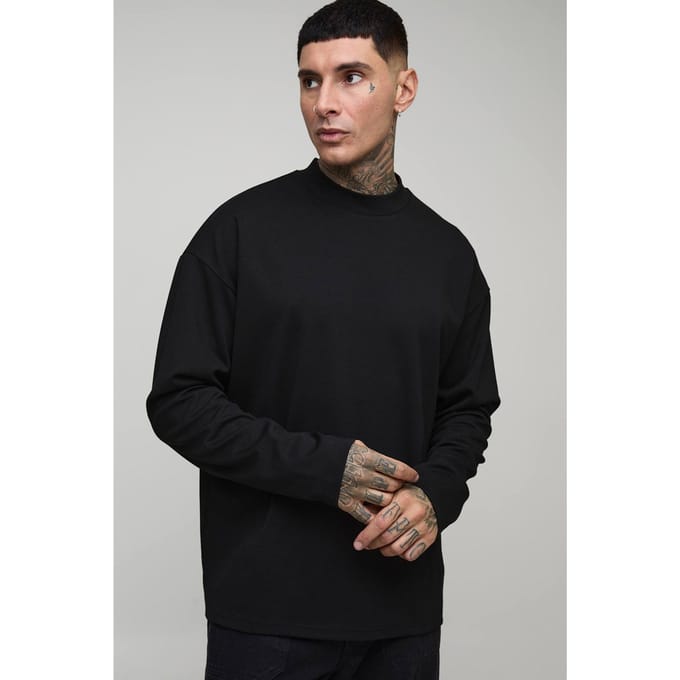 Lang, oversized, superzwaar premium T-shirt met lange mouwen | Black | Size Medium