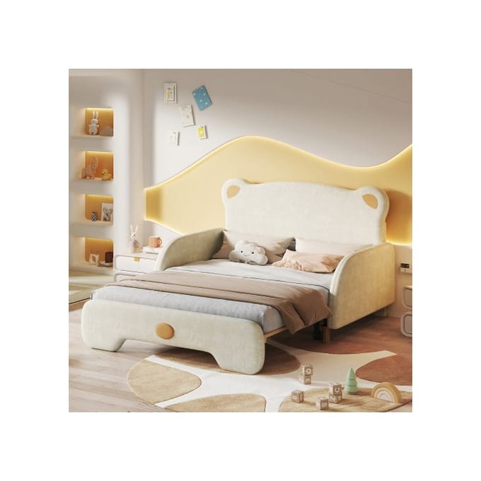 Lit double en forme d'ours - MUVOE - Beige - 140x200 cm - Velours - Lattes en bois beige
