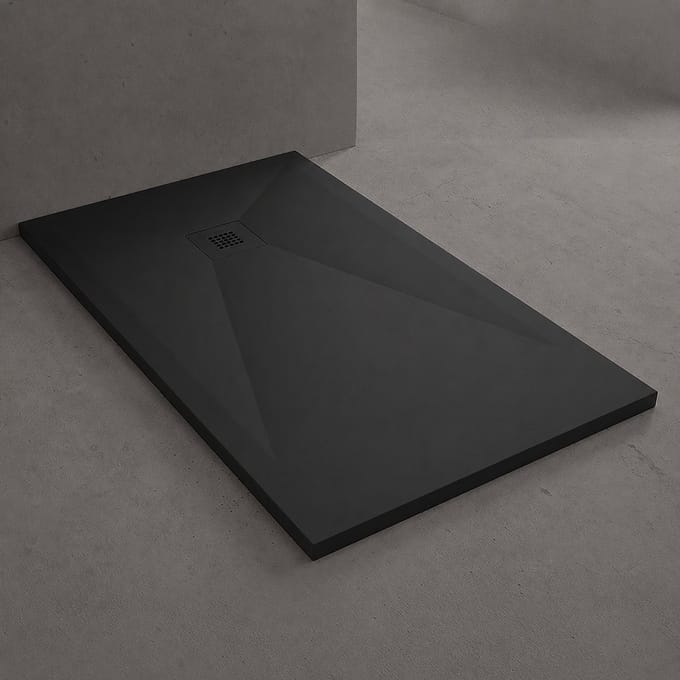ZIMMER Douchebak PLUS 120x90 cm Mat zwart – Composiet met Antislip – Extra Plat 3 cm – Leisteenstructuur – Incl. Sifon