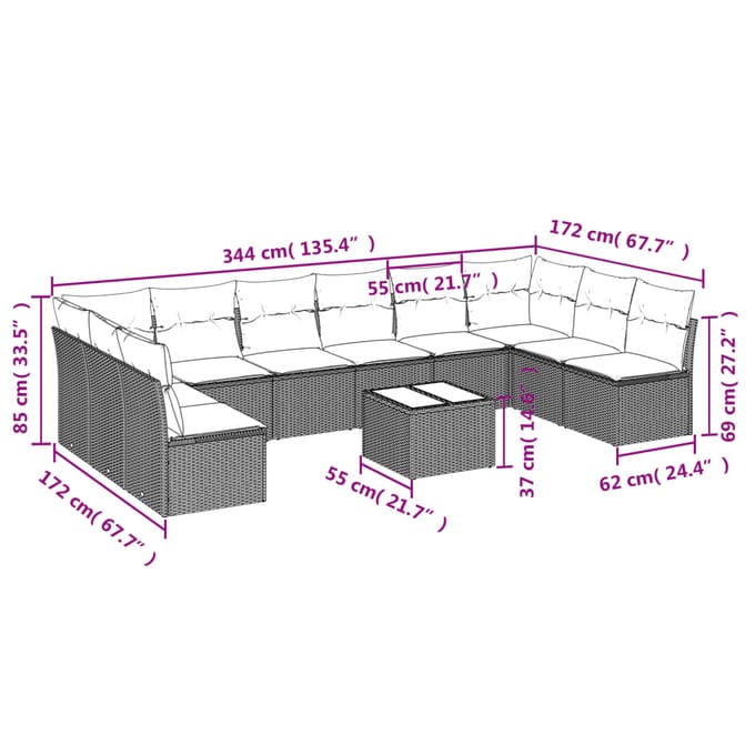 vidaXL - 11-delige - Tuinset - met - kussens - poly - rattan - beige