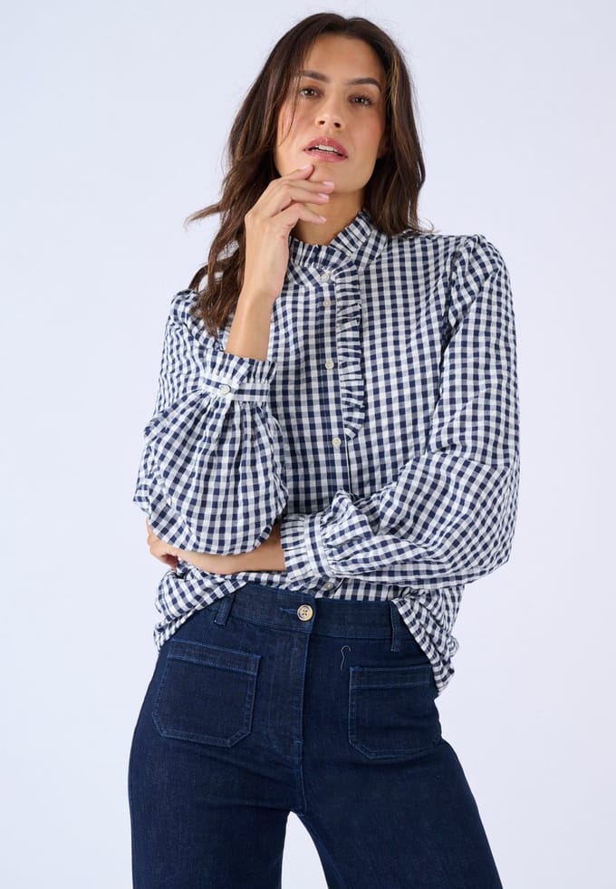 Damart - Blouse kleine ruit reliëfeffect - Dames - Blauw - 44