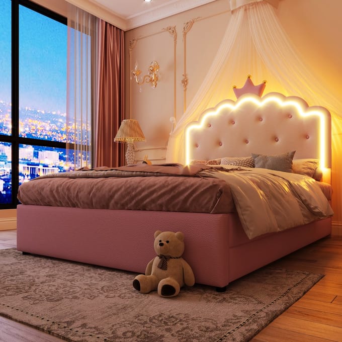 REDOM Bedframe 140x200 cm van PU – Met kroonrand, LED, uitschuifbed (90x188 cm) en 2 lades – Roze