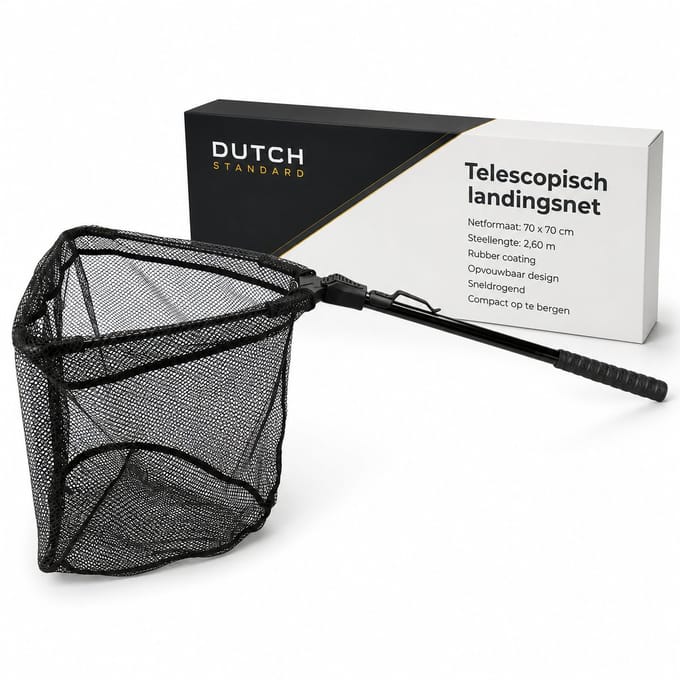 Landingsnet Telescopisch – Opvouwbaar Schepnet 35 x 35 cm – Rubber Coating – Zwart
