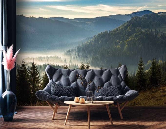 Fotobehang - Bergen - Bomen - Mist - Landschap - Vliesbehang - (254 x 184 cm)