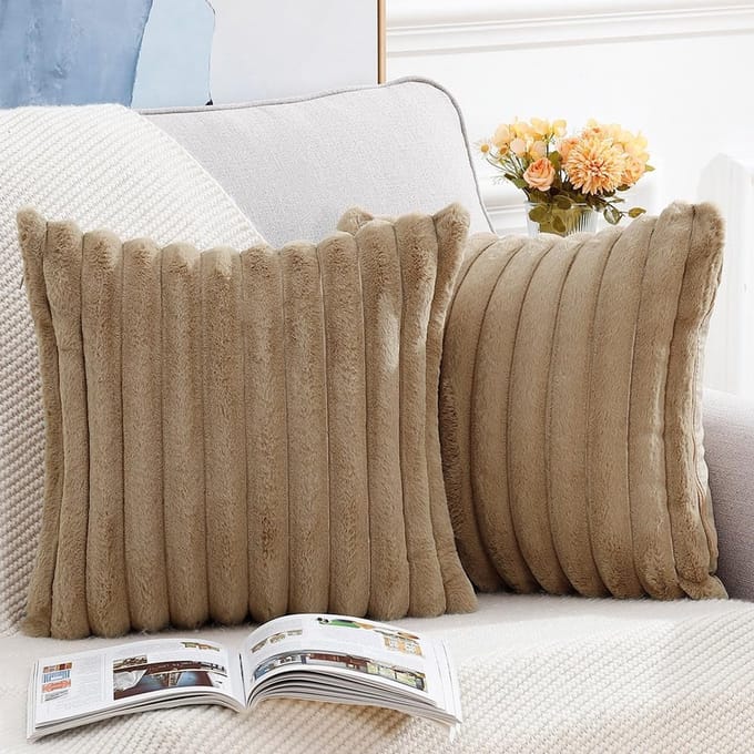 KZQ Decoratieve kussensloopset - Pluche - Sierkussensloop van imitatiewol - 2 stuks - 45x45 cm - Kameel