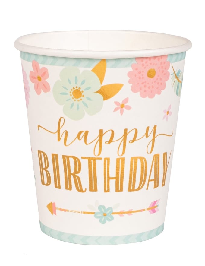 AMSCAN - 8 Boho kartonnen bekers 250 ml happy birthday