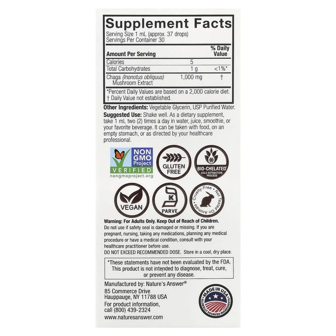 Nature's Answer, Chaga Paddenstoelenextract, Alcoholvrij, 30ml (1 fl oz)