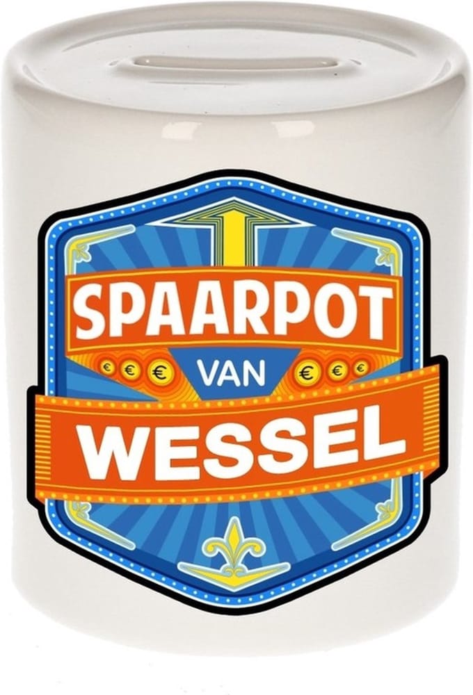 Bellatio Decorations Kinder spaarpot met naam - Wessel - keramiek - met dop - wit - Sparen - Spaargeld van Wessel
