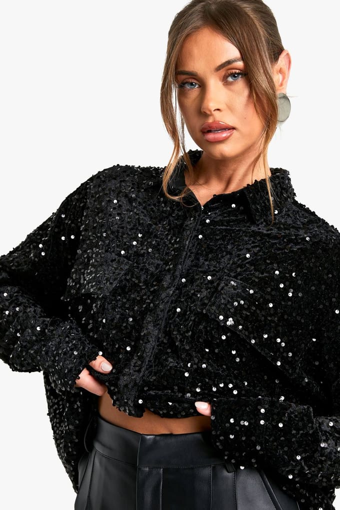 boohoo Dames Velvet pailletten oversized overhemd | Black | Maat: 6
